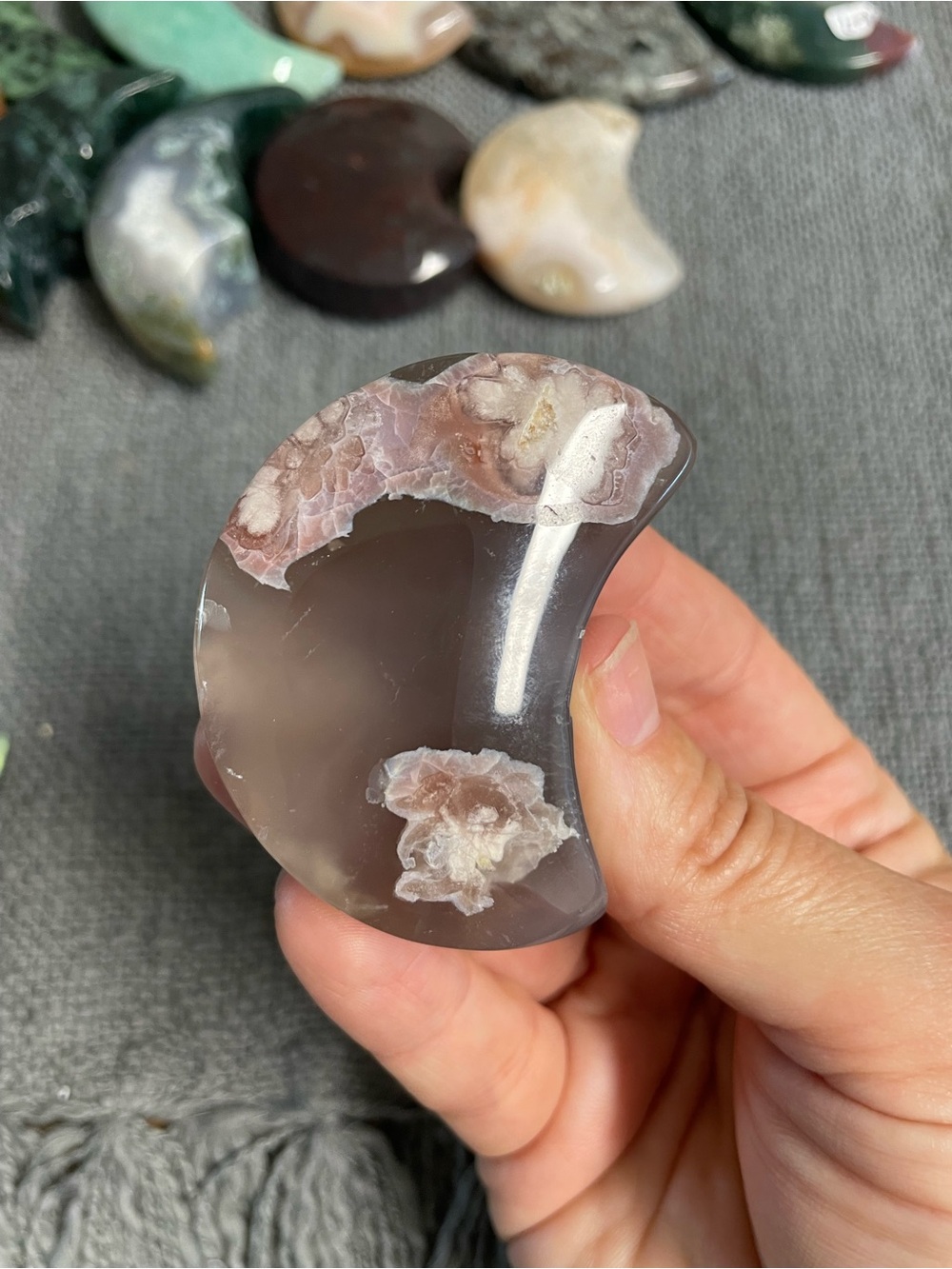 Polished Crescent Moon Agate Palm Stone - Gray and Pink